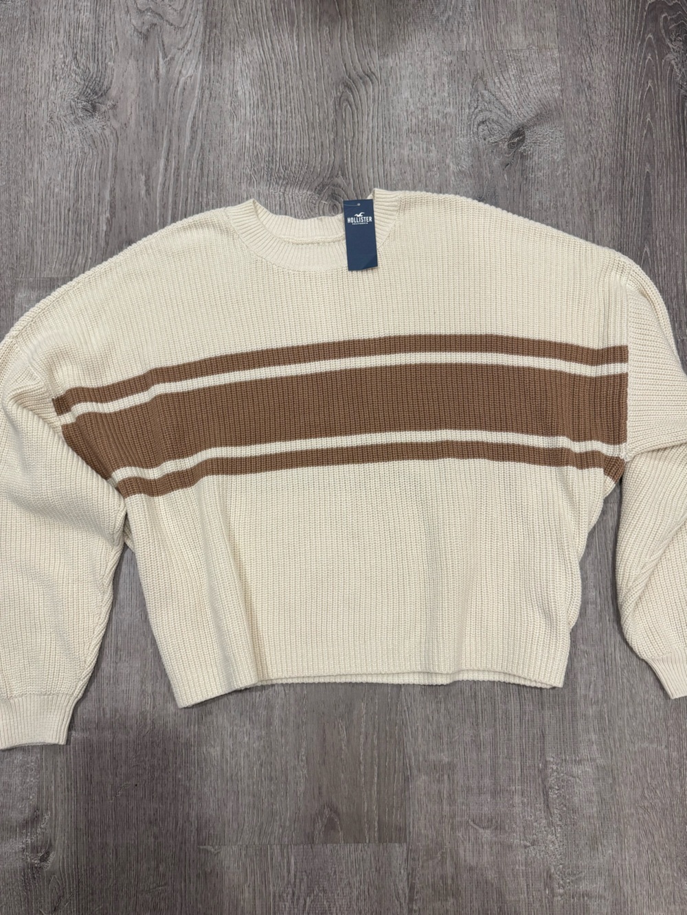 Hollister Cream Cropped Boxy Sweater with Brown Stripes